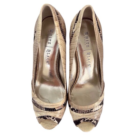 WHITE HOUSE BLACK MARKET Isaac Size 9M Beige Black Snake Print Peep Toe Heels - Picture 5 of 11